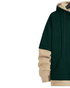 Green Beige Colourblock Hoodie For Unisex Casual <b>Warm</b> <b>Fleece</b> Pullover With Kangaroo Pocket Stylish Dual Tone Winter Sweatshirt - Product Image 3