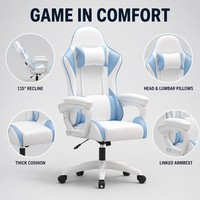 Chaise de jeu blanche et bleue pivotante pour ordinateur, siège de bureau à dossier haut avec accoudoirs rembourrés et inclinables pour la maison
