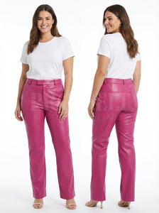Pantalon en cuir d'agneau noir à coupe décontractée pour femmes, poignets élastiques, jambe droite minimaliste, vêtements de bureau, pantalon en cuir - Product Image 4