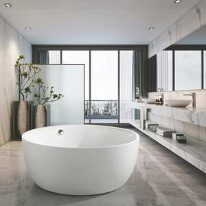 Vasca <span class=keywords><strong>da</strong></span> Bagno Rotonda Freestanding Classica Profonda <span class=keywords><strong>in</strong></span> Acrilico Bianco Lucido con Scarico Centrale, Senza Troppopieno, per Progetti Alberghieri - Product Image 1