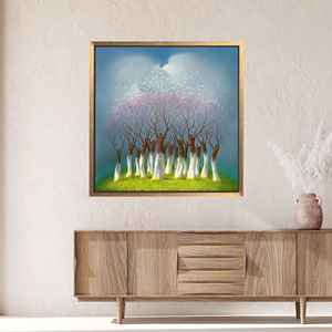 Toile murale imprimée avec des personnes et des arbres surréalistes, forêt fantastique en fleurs, encadrée en or - Product Image 1