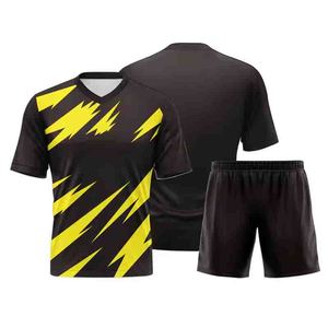 Custom Yellow Black Soccer Jersey Set Football <b>Shorts</b> Quick Dry Printed Team Kit V Neck Adults - Product Image 3