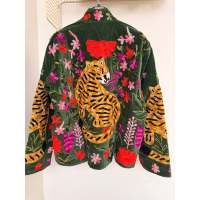 Veste Bomber Varsity Safari en velours vert tigre brodé, réversible, faite à la main, taille unique, pour femmes, avec logo personnalisé