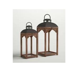 Juego de tres farolillos colgantes de madera y vidrio hechos a mano, diferentes tamaños para uso doméstico, hotel, boda o decoraciones navideñas - Product Image 3