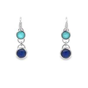 Boucles d'oreilles pendantes doubles rondes en or 18 carats pour femme avec quartz, turquoise chinoise, lapis-lazuli et cristal – Design bleu élégant et tendance |   OEM - Product Image 1