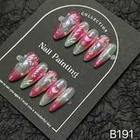 Faux ongles press-on faits main B191, forme amande, couvrance totale, motif fleur rose vert perle pour doigts