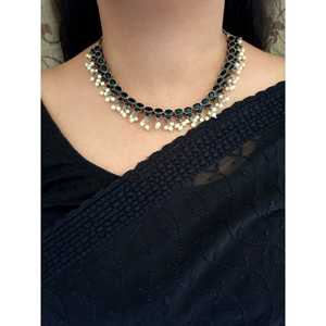 Conjunto de collar de piedra negra oxidada con diamante de perla de circón para joyería de boda fina nupcial Material de cobre regalo perfecto - Product Image 1