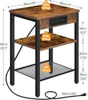 Table d'appoint industrielle vintage à 3 niveaux en métal avec prise USB intégrée pour salon, chambre et canapé