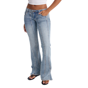 Jean en denim bleu clair pour femme, coupe droite décontractée, avec fermeture éclair latérale à la cheville, 100 % coton, pour l'automne et le quotidien - Product Image 2