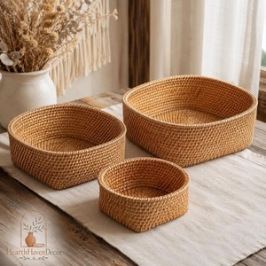 Set Of 3 Rattan <b>Basket</b> <b>Tray</b> - Round Top Square Handmade Storage <b>Baskets</b> Natural Rattan Modern Multifunction Made in Viet Nam - Product Image 1
