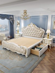 Victorian Style Sleigh <b>Bed</b> Solid Wood Hand Carved Tufted Upholstery King Size Soft <b>Bed</b> - Product Image 2