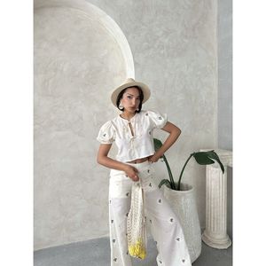 Blusa de Algodón Bordada con Lazo Delantero para Mujer, Color Piedra, Ropa Elegante al por Mayor para Uso Diario - Product Image 2