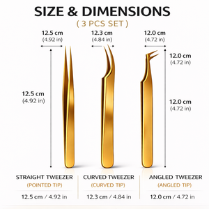 Gold Eyelash Extension Tweezers <b>Kit</b> 3 Piece Set Straight Curved Volume <b>Lash</b> Tools Stainless Steel for Beginners - Product Image 3