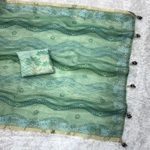 VASTRA COTTAGE Crystal Tissue Saree With Viscose <b>Thread</b> Gold Zari Embroidery Cut Work Tatkan Pallu Luxury Designer Ethnic Wear - Product Image 2