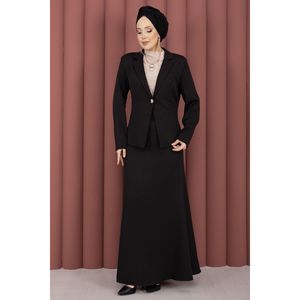Conjunto de Dos Piezas de Blazer y Falda Estilo Business Casual en Negro con Decoración de Botones - Product Image 3