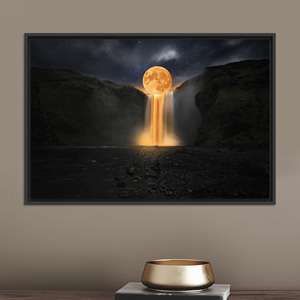 Moonlit Waterfall <b>Canvas</b> Print: Fantasy Landscape Wall Art,BLACK <b>FRAMED</b> <b>CANVAS</b> - Product Image 1