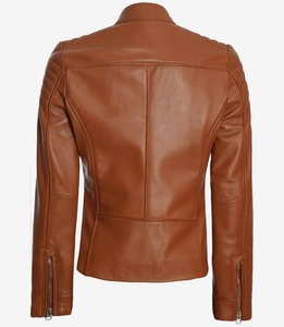 แจ็กเก็ตหนังขี่มอเตอร์ไซค์แบบมีซิปสำหรับผู้หญิงแจ็กเก็ตหนังขี่มอเตอร์ไซค์สีน้ำตาลเข้ารูปสินค้ามาใหม่ - Product Image 4