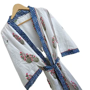 New Design Impressão Floral Cor Branca Algodão Indiano Kimono Robe Bath Robe Cover-ups Praia Kimono Robe das Mulheres