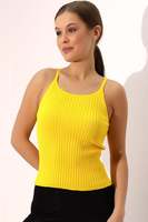 Top Corto de Punto Amarillo sin Mangas para Mujer, Cuello Redondo, Estilo Casual, Color Sólido, Ajuste Elástico, Primavera-Verano