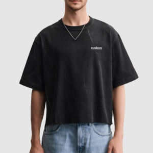 OEM personalizado de alta calidad de cuello redondo 100% algodón personalizado lavado ácido de gran tamaño crudo dobladillo Denim Boxy recortado camisetas hombres con logotipo - Product Image 1