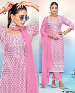 Elegante conjunto de rayón de viscosa chikankari Kurti con lentejuelas y gasa dupatta, Ropa Étnica cosida de tres piezas para mujeres a granel - Product Image 3