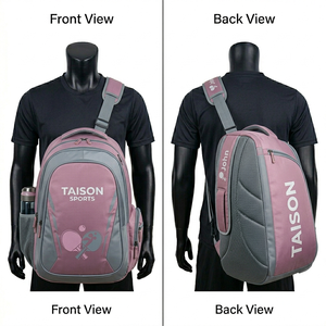 Sac à dos de tennis de table pour hommes, tissu polyester 600D premium, 320 GSM, design à panneaux rose et gris, logo imprimé personnalisé, sac de sport - Product Image 1