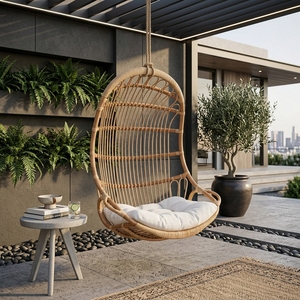 Fauteuil suspendu en rotin naturel Subaliu Skopje HC, chaise balançoire de jardin extérieure avec coussin en sergé, décoration de patio, design artistique pur - Product Image 3