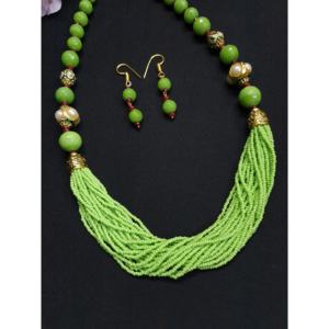 Seed Bead Handmade Green Beaded <b>Necklace</b> and Earrings Set Ethnic <b>Statement</b> Jewelry Indian Traditional Bead Jewelry for Women - Product Image 3
