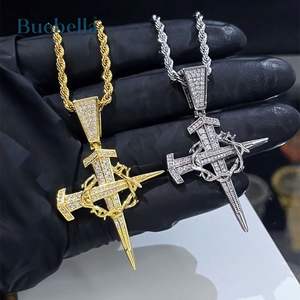 14K chapado en oro blanco 925 plata esterlina Iced Crown of Thorns Nail Cross Pendant Hip Hop Style Moissanite Jewelry - Product Image 1