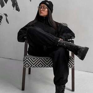 2024 moda de invierno, traje de lana ecológico para mujer, sudadera holgada de manga larga, pantalones de cintura alta, conjunto de chándal cálido de 2 piezas - Product Image 2