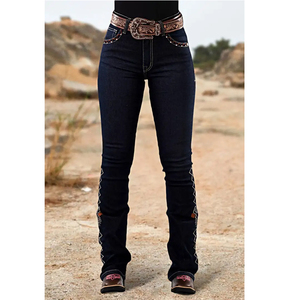 High-Rise Stretch Denim Rétro Élégant Strass Broderie pour Occasions Décontractées ou Habillées - Product Image 2