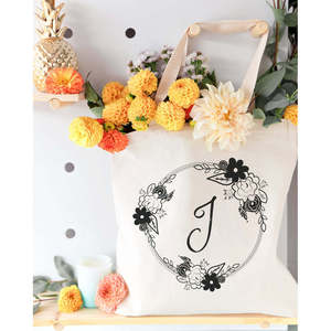 Personalized Monogram Floral Embroidery Tote Bag Durable Cotton Canvas Large Capacity Open Washable Nylon for Summer Autumn Use - Product Image 3