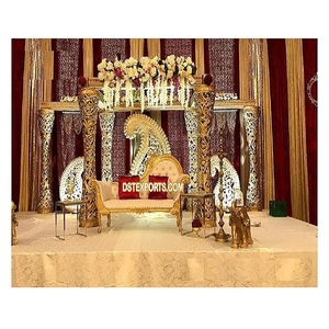 คุณภาพสูง Golden Delizio Mandap ฉากหลังสำหรับพิธีแต่งงานการออกแบบมหาราชาได้รับความนิยมในรูปทรงกลมมีเสาที่สง่างามสหรัฐอเมริกา - Product Image 1