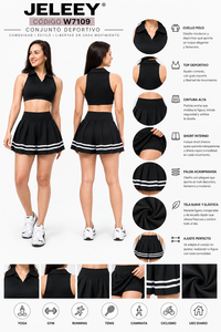 Ensemble de sport 2 pièces noir uni sans manches, col licou, col rabattu, short plissé taille haute, avec logo frontal, sans couture, pour yoga et tennis - Product Image 1