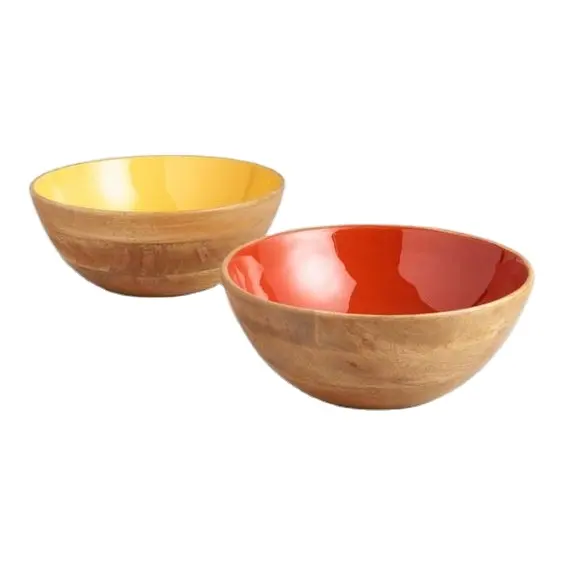 Natural Mango Wood Enamel Bowl Soup Salad Noodle Rice Bowl Wooden Fruit Bowls Handicraft Decoration