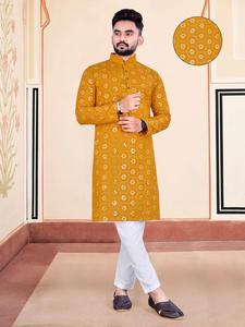 Kurta de algodón puro para hombre multicolor de desgaste indio-pakistaní con espejo bordado trabajo con parte inferior - Product Image 6