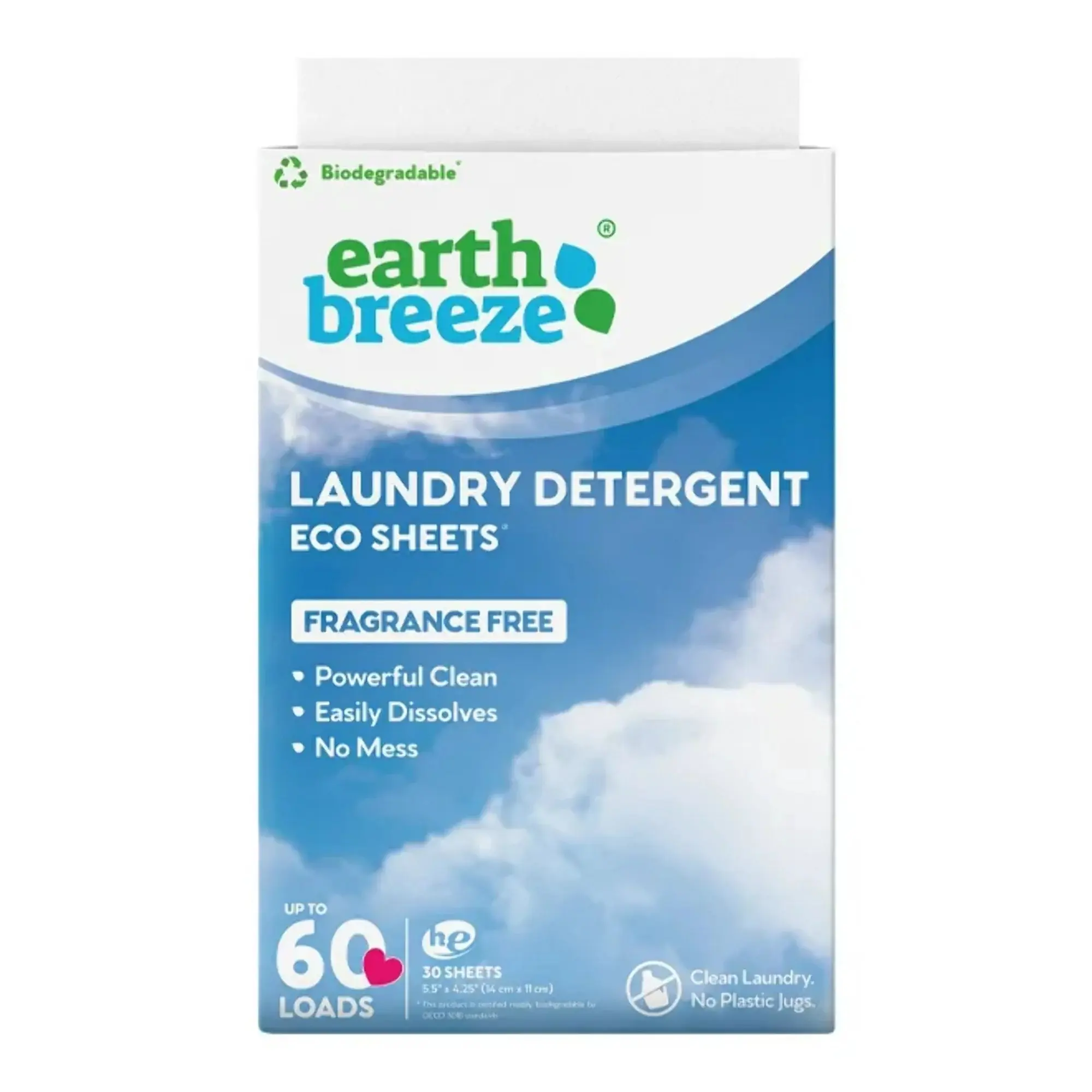 Hojas de detergente para ropa Earth Breeze-Sin fragancia-Sin jarra de plástico (60 cargas) 30 hojas, tecnología sin líquido