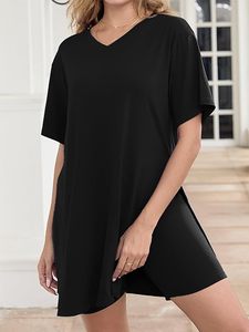 Conjunto de 2 piezas de punto para mujer, negro, con cuello en V, manga corta, pantalones cortos, ajuste holgado, informal, primavera-verano, color liso, uso diario, top con abertura - Product Image 4