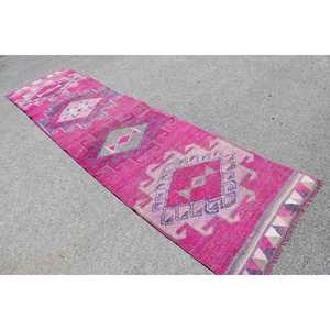 Turkish Vintage <b>Rug</b>, <b>Runner</b> 2.8x11 ft (84x334 cm) <b>Rug</b>, Pink Floral Wool <b>Rug</b> - Product Image 4
