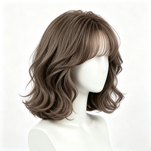 Brown Wave Bob Wig <b>Synthetic</b> Hairpiece Lightweight Breathable Machine Made Adjustable Cap for Women - Product Image 1