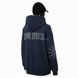 Sudadera con capucha de lana de algodón pesado GSM 350 de lujo para mujer, diseño de diamantes de imitación azul marino, ropa de calle con logotipo personalizado, sudadera básica para mujer - Product Image 5