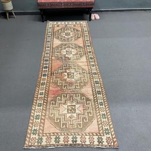 Turkish Vintage Rug, 3.2x9.3 ft Rug, <b>Brown</b> Floral <b>Wool</b> Rug - Product Image 1