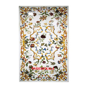 Importer and Exporter Rectangular Shape White Marble Inlay Dining <b>Table</b> Tops for Corporate Gift and Home Decor in Bulk Quantity - Product Image 1