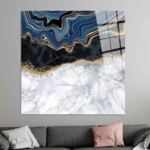 Impression sur toile élégante encadrée de dorure : Design graphique marbre bleu, ART SUR VERRE TÉMPERÉ - Product Image 1