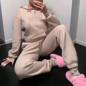 OEM Custom Logo Casual 100% Cotton Quick Dry Breathable Cropped Hoodie <b>Women</b> Two-Piece Tracksuit Set with Jogger <b>Sweatpants</b> - Product Image 1
