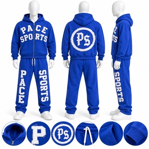 ชุดเซ็ตฮู้ดดี้และกางเกงจ็อกเกอร์สีน้ำเงินสำหรับผู้ชาย Pace Sports ปักโลโก้ ผ้าฟลีซ ชุดลำลองสำหรับฤดูใบไม้ร่วง - Product Image 1