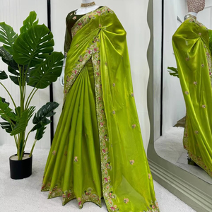 Sari de seda suave pura de diseñador indio con borde de secuencia de trabajo de hilo hermoso para ropa de boda o fiesta - Product Image 1