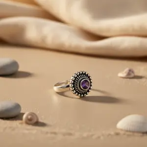 Bague en argent 925 faite à la main pour femmes, motif géométrique, pierre précieuse violette, technologie de sertissage en rhodium, bijoux fins, cadeau - Product Image 1