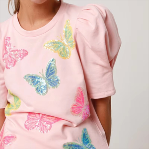 Conjunto de camisetas y pantalones cortos informales de media manga para mujer OEM, el mejor chándal de 2 piezas con mariposa de lentejuelas para verano - Product Image 3