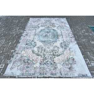 พรมตุรกีขนาด 5.4x8.7 ฟุต พรมโบราณขนาดใหญ่ พรมขนสัตว์สีเขียวลายอิคัต - Product Image 1